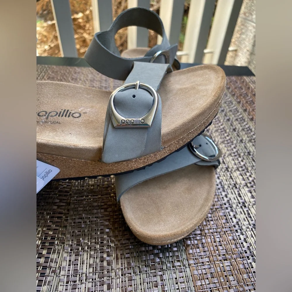 Papillio Light Gray Suede Buckle Ankle-Strap Sandals